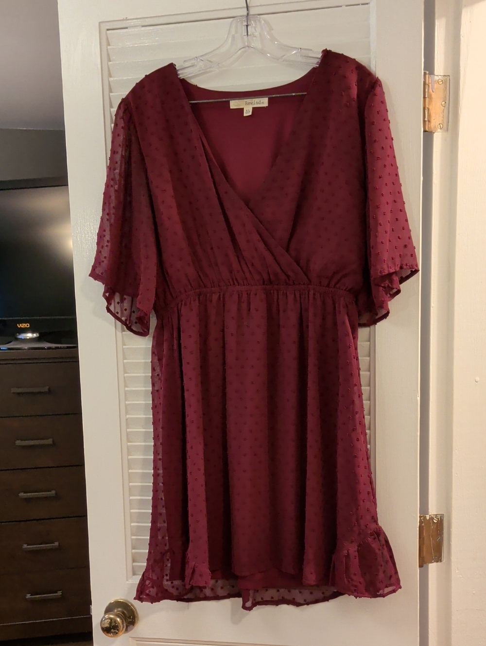 Rewind Plum Dot Faux-Wrap Mini Dress
